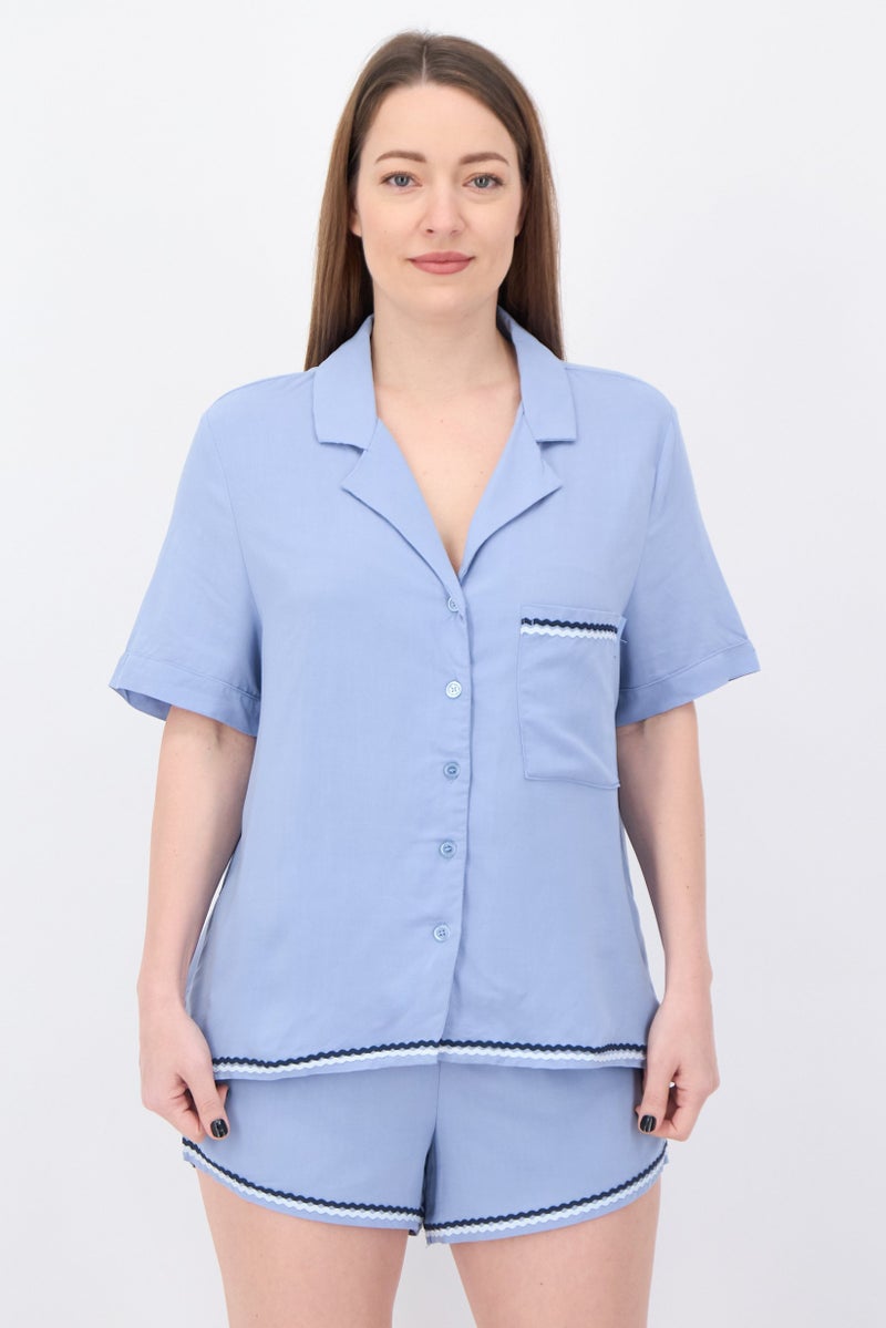 NINE WEST Women 2 Pieces Plain Top And Shorts Pyjama Set, Slate Blue - Image 1